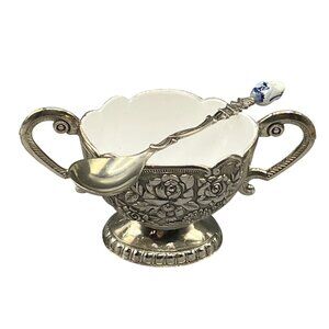 Pedestal Sugar Mustard Bowl with Dutch Spoon Enamel Lining Dish Silver Toned